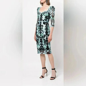 Marchesa Black and Mint Green Floral Lace Backless Cocktail Dress